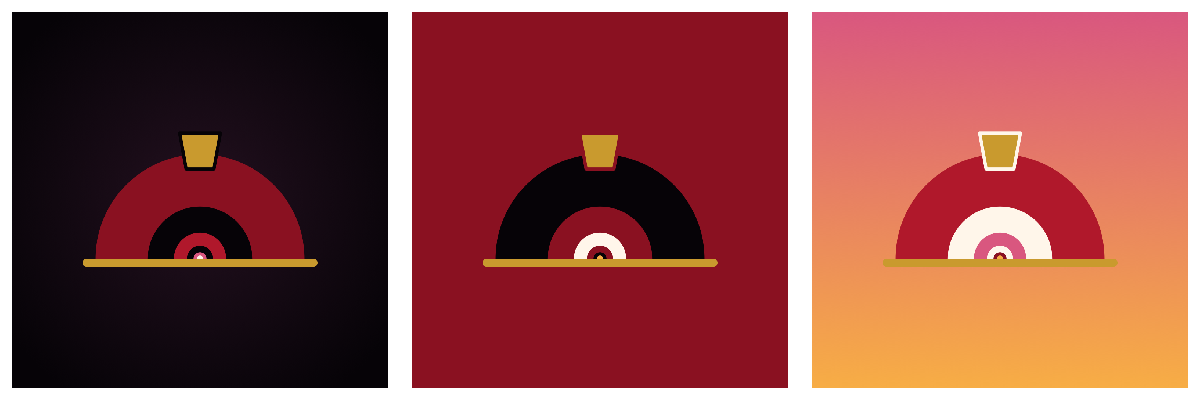 Three profile pictures with the symbol: on night, on blood red and on a dawn gradient.