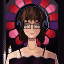 Pixel portrait of Demie by candlelight under a rose window, wearing glasses, headphones and a small gold cross.