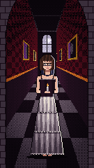 Pixel portrait of Demie: short brown hair, glasses and headphones, a long white tiered skirt, holding a candle at the end of a long moonlit hallway.