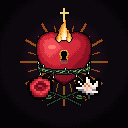 Demie Althea's mark: a Sacred Heart with a keyhole, a flame and a cross, a crown of thorns, a rose and a lily.